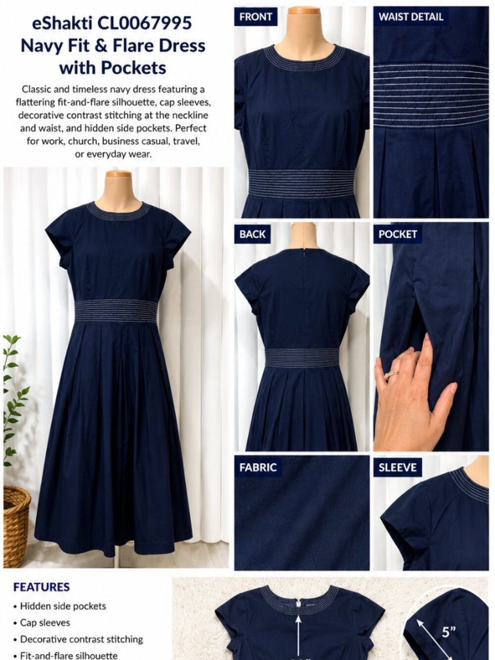 **eShakti Navy Fit & Flare Dress with Pockets – CL0067995**